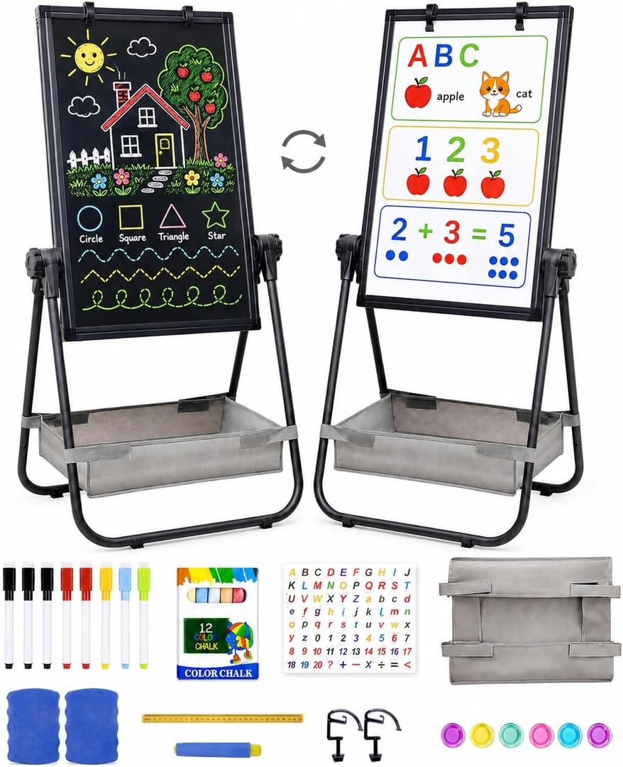 Maxtek Easel for Kids 24x18in, Double-Sided Whiteboard & Chalkboard, Black | Adjustable Height, 360° Rotating Art Easel Board with Tabletop Mode, Magnetic Standing Easel With Accessories For Kids 3+