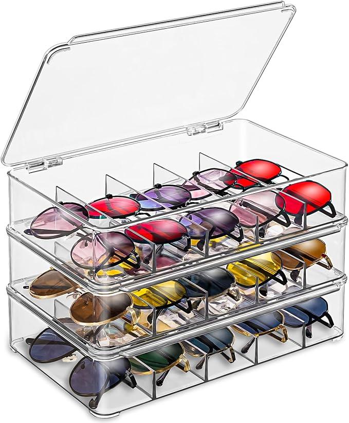 Sunglasses Organizer, Acrylic Sunglasses Storage 3 Layers, Clear Stackable Glasses Storage Organizer with Lid, Eyeglass Storage for Multiple Glasses, Reading Glasses