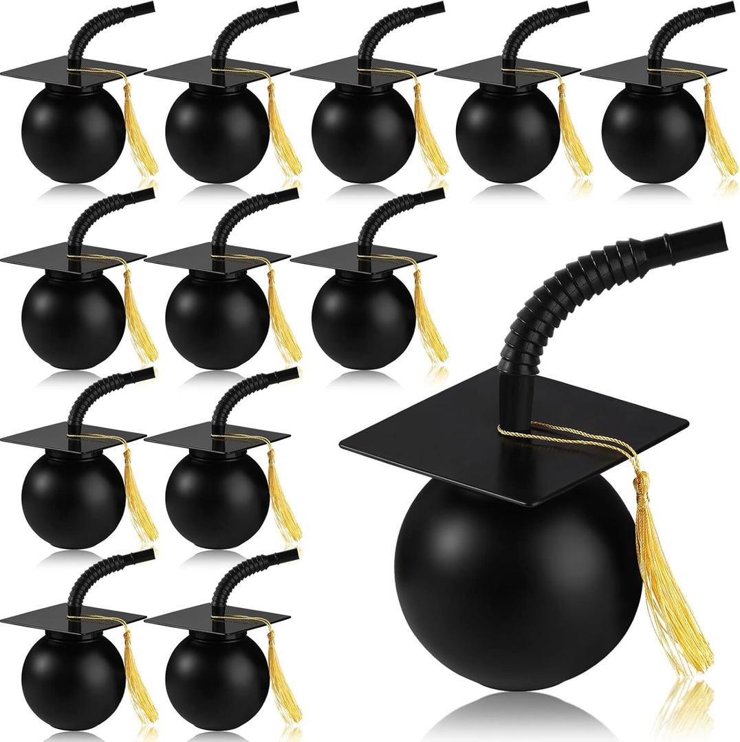 Gerrii 12 Set Graduation Party Cups Plastic Graduation Cap Cup with Tassel,10 oz Congrats Grad Tumbler with Straw and Lid, Reusable Grad Party Supplies Favors(Black)