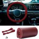 Leather Steering Wheel Cover, Stitch on Wrap, Breathable Anti-Slip Car Steering Wheel Protector, DIY Sewing with Needle Thread,15 Inch (Wine Red, Hole)