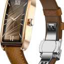 Amoled Laies Smart Watch for Women Smartwatch with Leather Strap Heart Rate Stress Sleep Monitor 12 Sports Modes Fitness Tracker Watch Notifications Music & Camera Control Waterproof iOS Android (Peach Brown & Gold)