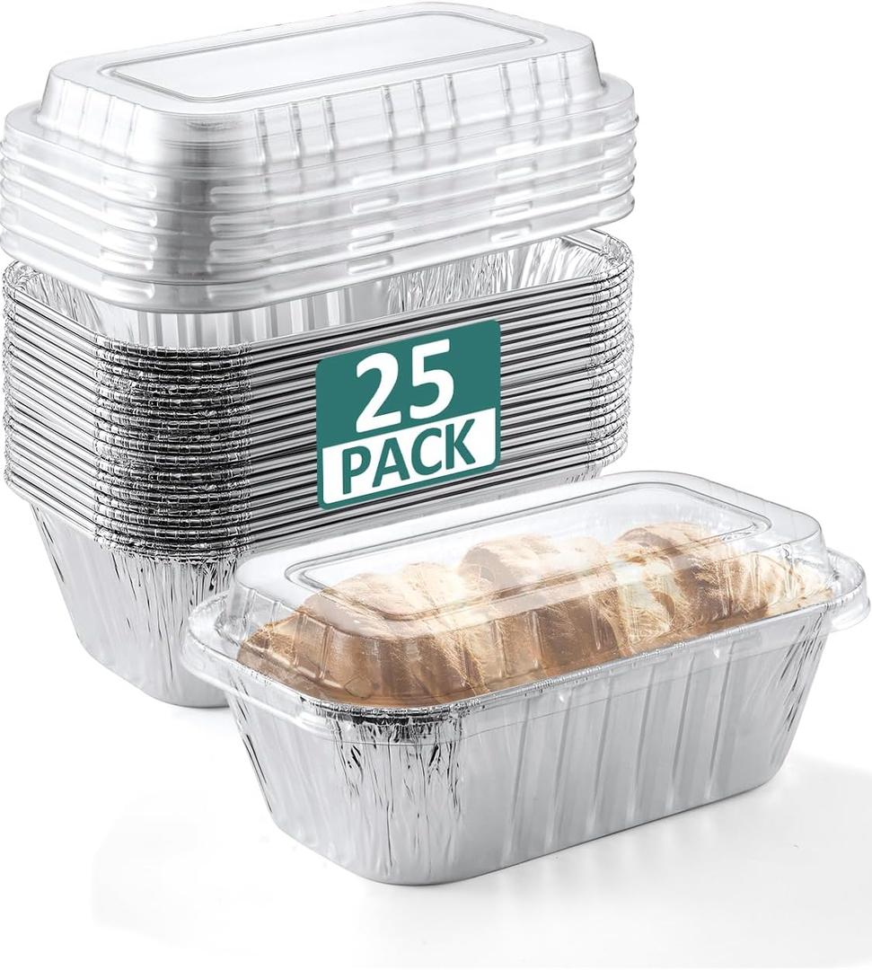 25 Pack 6x3.5x2 Disposable Aluminum Loaf Pans with Lids - 1 Lb Mini Loaf Pans, Small Aluminum Tin Foil Baking Pan, Food Containers for Baking, Cakes, Bread, Meat, Loaves