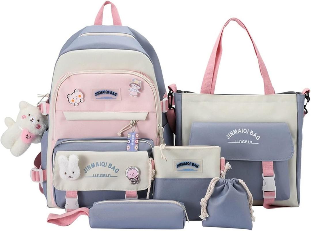 Set of 5 Kawaii Cute Backpacks Combo Set with Bear Pendant & Pins - Back To School Supplies Patchwork Bunny Daypack Bag Kit (Blue)
