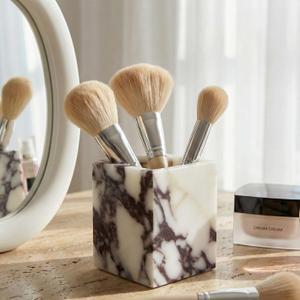 Denique Genuine Calacatta Viola Toothbrush Holders for Bathroom, Natural Marble Makeup Brush Holder, Countertop Organizer for Vanity, Dresser