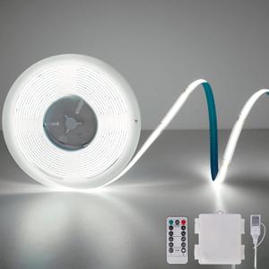 Battery Powered Strip Light, 6.56FT 640LED 6000K Cool White USB COB LED Strip Flexible Cuttable Dimmable Timer LED Light with Remote Control for Shelf, Kitchen, Closet, DIY Backlight, Camping Gear