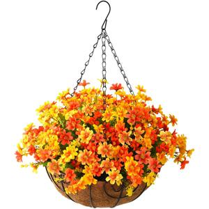 INQCMY Artificial Hanging Flowers in Basket for Outdoors Fall Decoration,Faux Silk Floral Arrangement,UV Resistant Realistic for Home Garden Balcony Porch Decor(Orange)