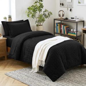 CozyLux Twin Comforter Set with Sheets 5 Pieces, Black Seersucker Textured Bed in a Bag for Bedroom, Luxury Soft Bedding Sets with Down Alternative Comforter, Sheets, Pillowcase & Sham for All Seasons