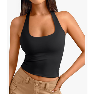 Trendy Queen Halter Tops for Women 2025 Summer Going Out Tops Backless Crop Sleeveless Workout Shirts Cute Y2k Clothes, Small