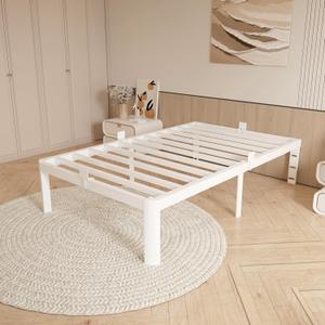 14 Inch Twin Size Bed Frame with Metal Gaskets, No Box Spring Needed, DIY Headboard, Heavy Duty Steel Slat Support, Anti-Slip Mattress Stopper, Round Corner Leg, Easy Assembly, White