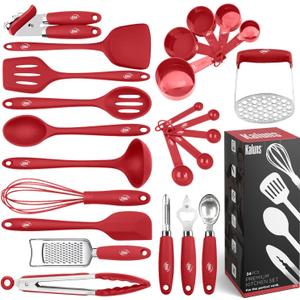 Kaluns Silicone Kitchen Utensils Set 24 Pcs Silicone Cooking Utensils Set - Can Opener, Masher, Turner, Spatula 446F Heat Resistant Non-Stick - Premium Silicone and Stainless Steel Utensil Set (Red)