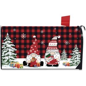 Christmas Magnetic Mailbox Cover, Winter Xmas Red Buffalo Plaid Standard Mailbox Cover, Holiday Decorations Christmas and New Year Yard Decoration,21" Lx 18" W (Christmas Santa Buffalo Plaid)
