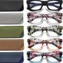 Hubeye 5 Pairs Fashion Style Square Reading Glasses for Women Men Blue Light Blocking Computer Readers with leather case (Black/Purple/Green/Orange/Blue)
