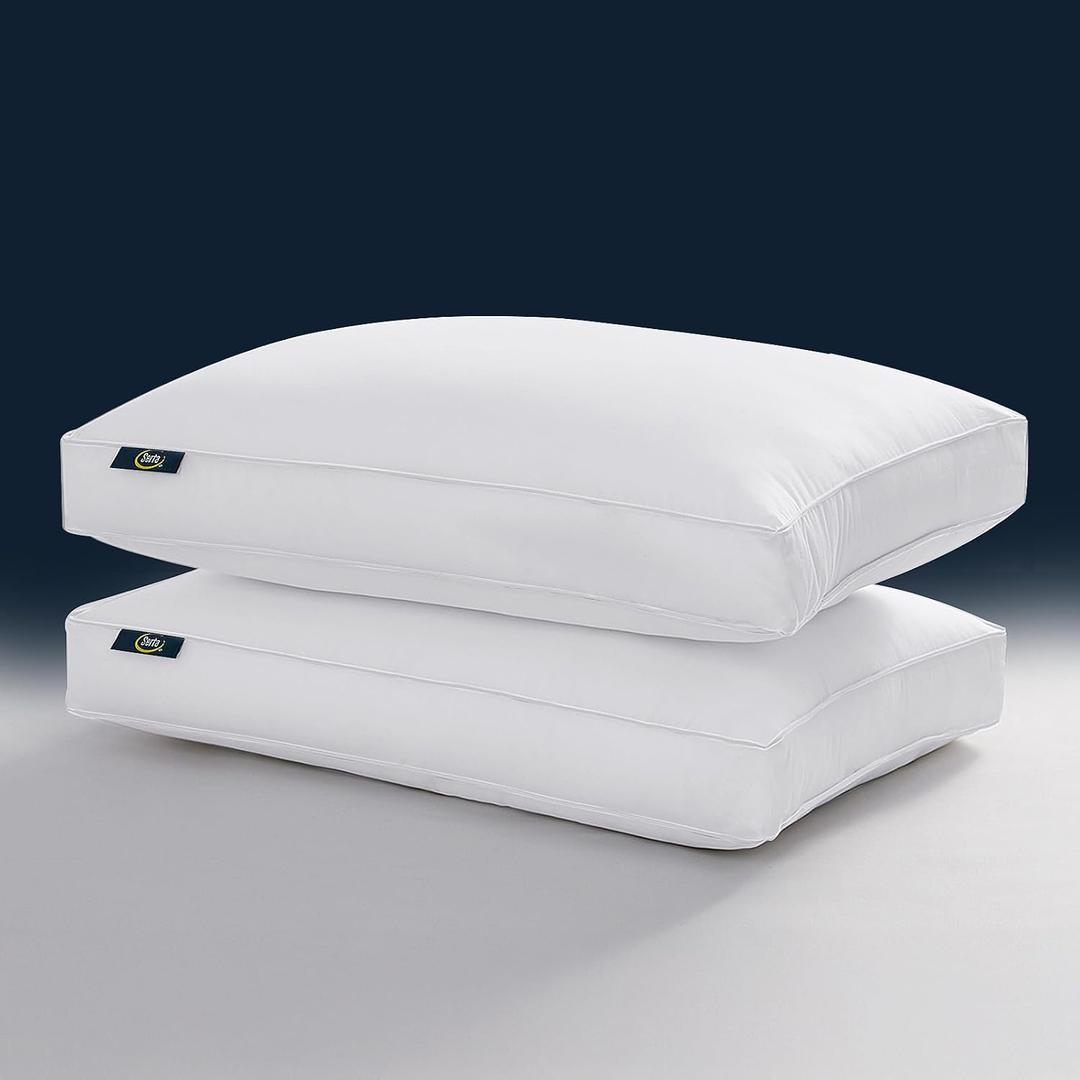 Serta Hotel Collection Pillows King Size Set of 2 White Goose Feather Down Fiber Gusseted 100% Cotton Pillow for Back, Stomach or Side Sleepers
