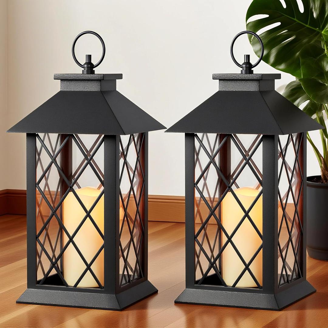 JOIONE Lanterns Decorative Indoor, 2 Packs 14" Battery-Powered Waterproof Black LED Candle Lanterns with Timer for Patio & Outdoor, Vintage Hanging Lantern for Home Decorations, Diamond