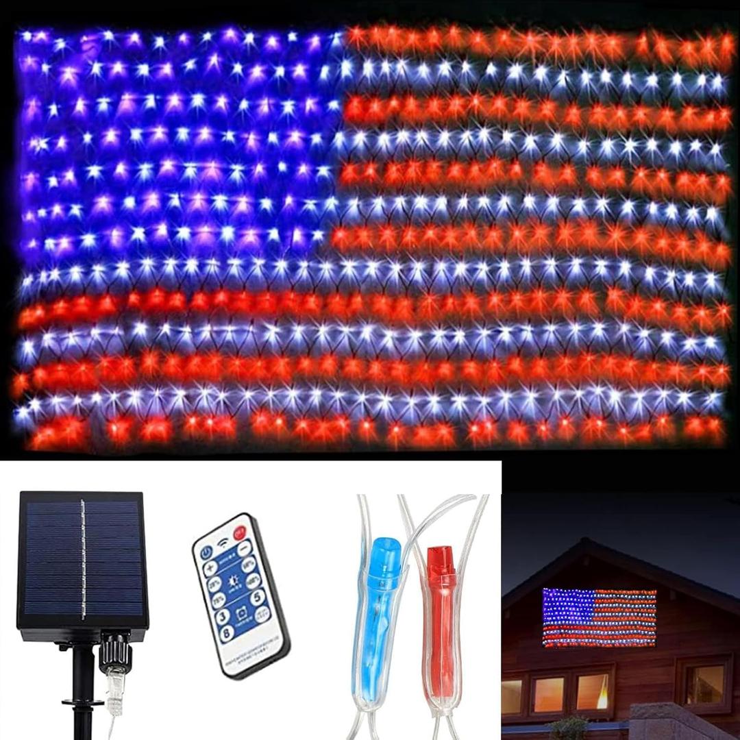 (Upgraded) Solar American Flag Lights, 2-in-1 Solar Powered Flag Net Lights, 420 LED 8 Modes Waterproof with Remote Control for 4th of July, Independence Day, Memorial Day, pChristmas Decorations