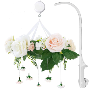 Rose Flower Baby Mobile with Music Box & Crib Arm. Handmade Floral Baby Crib Mobile. Girl Nursery Decor, Baby Shower Gift
