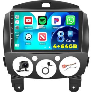 [8 Core 4+64G] Android 15 Car Stereo for Mazda 2 2007-2014 with Wireless Carplay Android Auto, 9" HD Touch Screen with GPS WiFi Bluetooth5.0 FM/RDS Radio 32EQ DSP SWC 59UI Backup Camera MIC