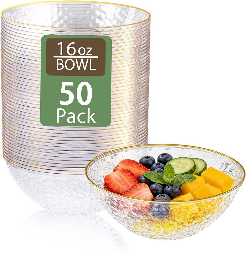 Tinybee 50 Pack Clear Plastic Bowls - Clear Disposable Bowls for Party with Gold Rim, 16-20oz Premium Hammered Bowls Disposable Heavy Duty, Plastic Salad Bowls for Milk Cereals, Snacks, Salads