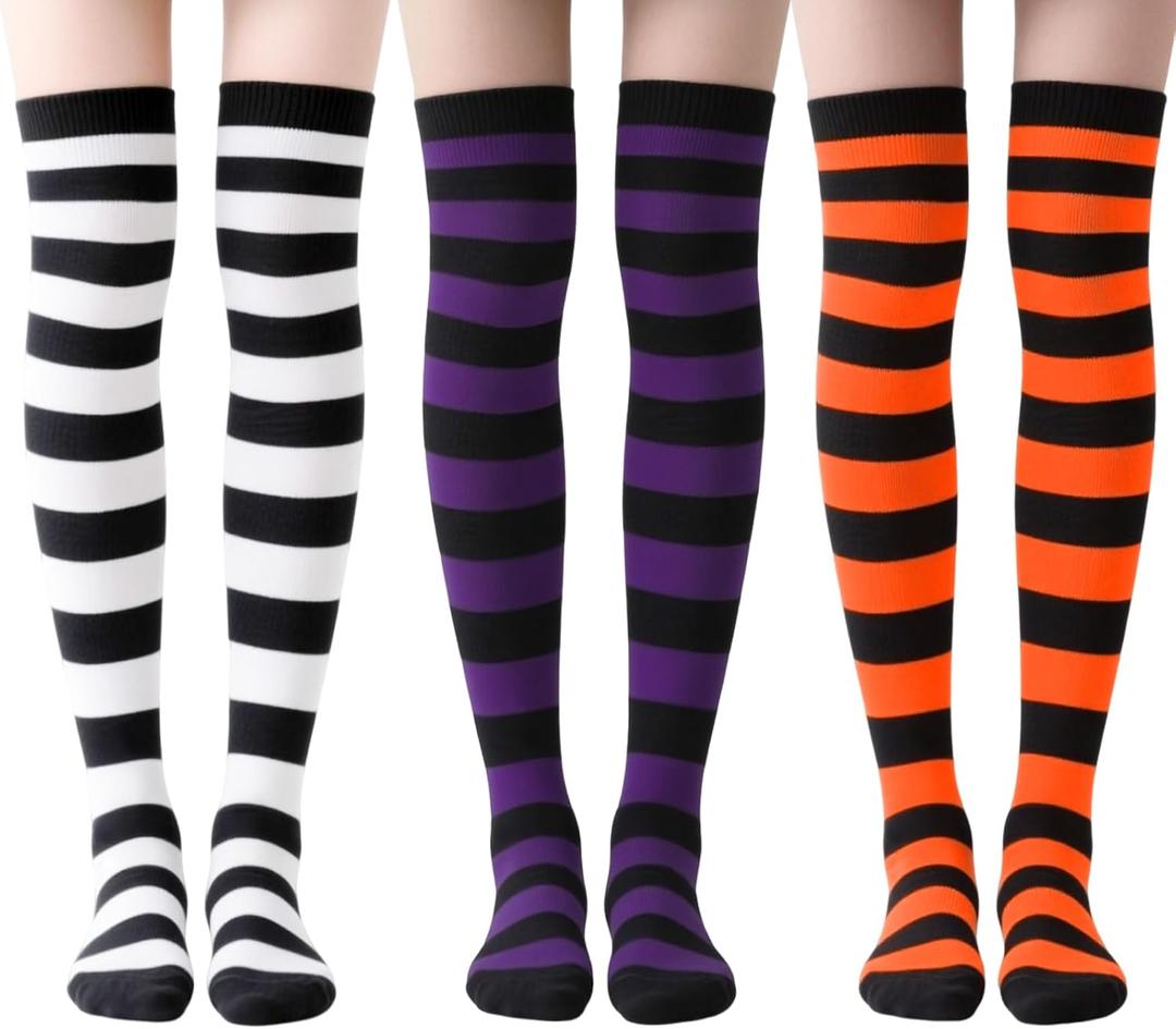 3 Pairs Halloween Long Striped Knee High Socks for Women Witches Striped Costume Leggings High Tights Socks