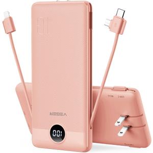 VEGER Portable Charger for iPhone Built in Cables and Wall Plug, 10000mah Slim Fast Charging USB C Power Bank, Travel Essential Battery Pack Compatible with iPhones, iPad, Samsung More Devices(Pink)
