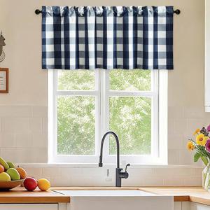 VOGOL Buffalo Check Valance for Kitchen Windows, Easy Care Linen Blend Curtain Panels for Bedroom, Charming Window Covering for Kitchen or Bathroom, 52x18 Inches, 1 Panel, Navy Blue