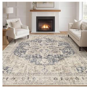 Tortania Area Rug Living Room Rugs - 9x12 Washable Boho Rug Vintage Oriental Distressed Farmhouse Large Thin Indoor Carpet for Living Room Bedroom Under Dining Table Home Office - Cream Blue