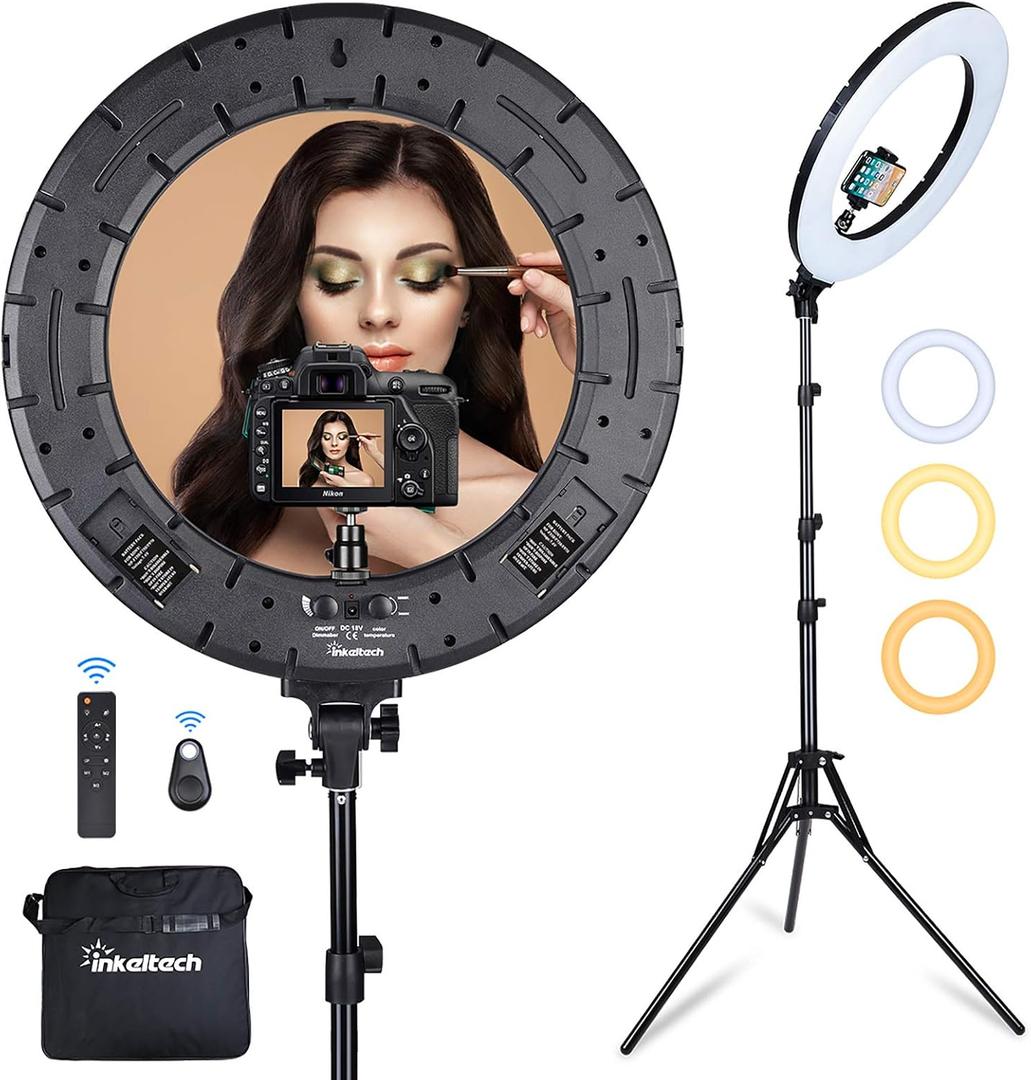 Ring Light - 18 inch 60 W Dimmable LED Ring Light Kit with Stand - Adjustable 3000-6000 K Color Temperature Lighting for Vlog, Makeup, YouTube, Camera, Photo, Video - Control with Remote