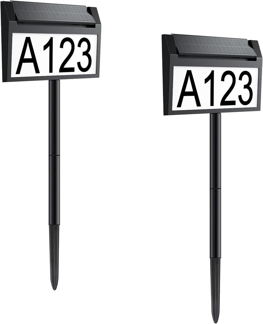 Solar House Number Sign, deerdance LED Illuminated Outdoor Address Plaque with Smart Control, 3-Color in 1 Waterproof Solar Powered House Number Light with Stakes for Outside Home, Yard, Street, House -2Pcs