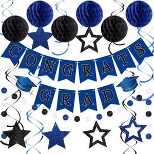 Seenelling 2026 Graduation Decorations Blue Black Congrats Grad Banner with Hanging Swirl Honeycomb Ball Circle Garland Grad Party Favor Supplies for College Senior High School Classroom Decor