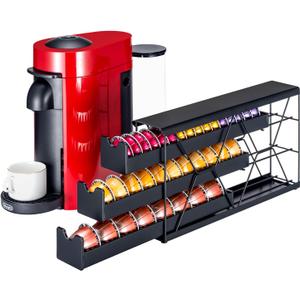 FlagShip 3-Tier Nespresso Pod Holder & Vertuo Coffee Capsule Organizer - Black Metal Space-Saving Storage Holds 30+ Pods Fits All Size Vertuo Pod