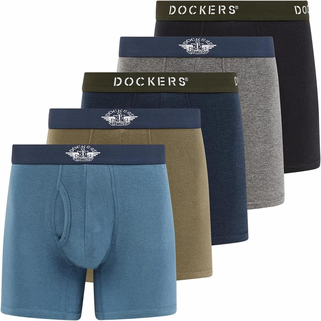 DOCKERS Mens Boxer Briefs Breathable Cotton Underwear for Men Pack of 5 (Medium, Oceanview | Heather Navy | Camo | Dockers Navy | B25 Heather Grey)