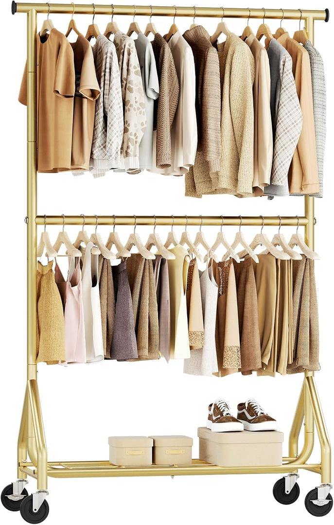HYSEYY Heavy Duty Clothes Rack, Double Rod Clothing Rack for Hanging Clothes, Rolling Garment Rack, Adjustable Freestanding Wardrobe Closet Coat Rack for Bedroom Laundry Living Room, Gold