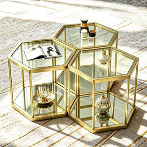 LUGSHIREE Coffee Table Glass Modern Coffee Table, Hexagon Free Combination Glass Center Table Small End Tables with Metal Frame for Living Room (Gold, 1 Piece (with Mirror))