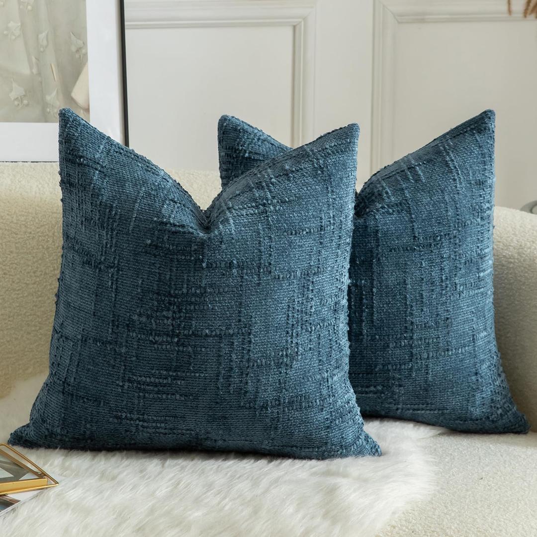 MANDIOO Pack of 2 Soft Chenille Textured Throw Pillow Covers, Square Accent Solid Decorative Cushion Cover, Cozy Farmhouse Pillow Case for Couch Sofa Bed Living Room, 18x18 Inch, Navy Blue