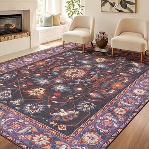 Kokia Living Room Area Rug Soft Washable Non Slip Low Pile Purple Oriental Stain Resistant Rugs for Bedroom, Playroom, Dining Room, Kitchen, Indoor Leisure Rooms, Nova Violet Plum