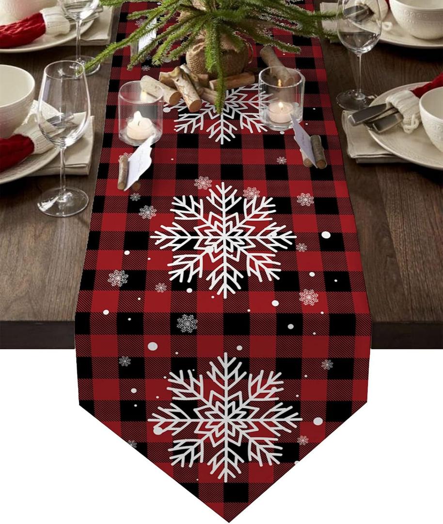 Z&L Home Christmas Linen Burlap Table Runner Dresser Scarves,Winter Snowflake Table Runners for Dinner Holiday Party, Wedding, Kitchen Dining Decor Red and Black Buffalo Checker Plaid 13x70in