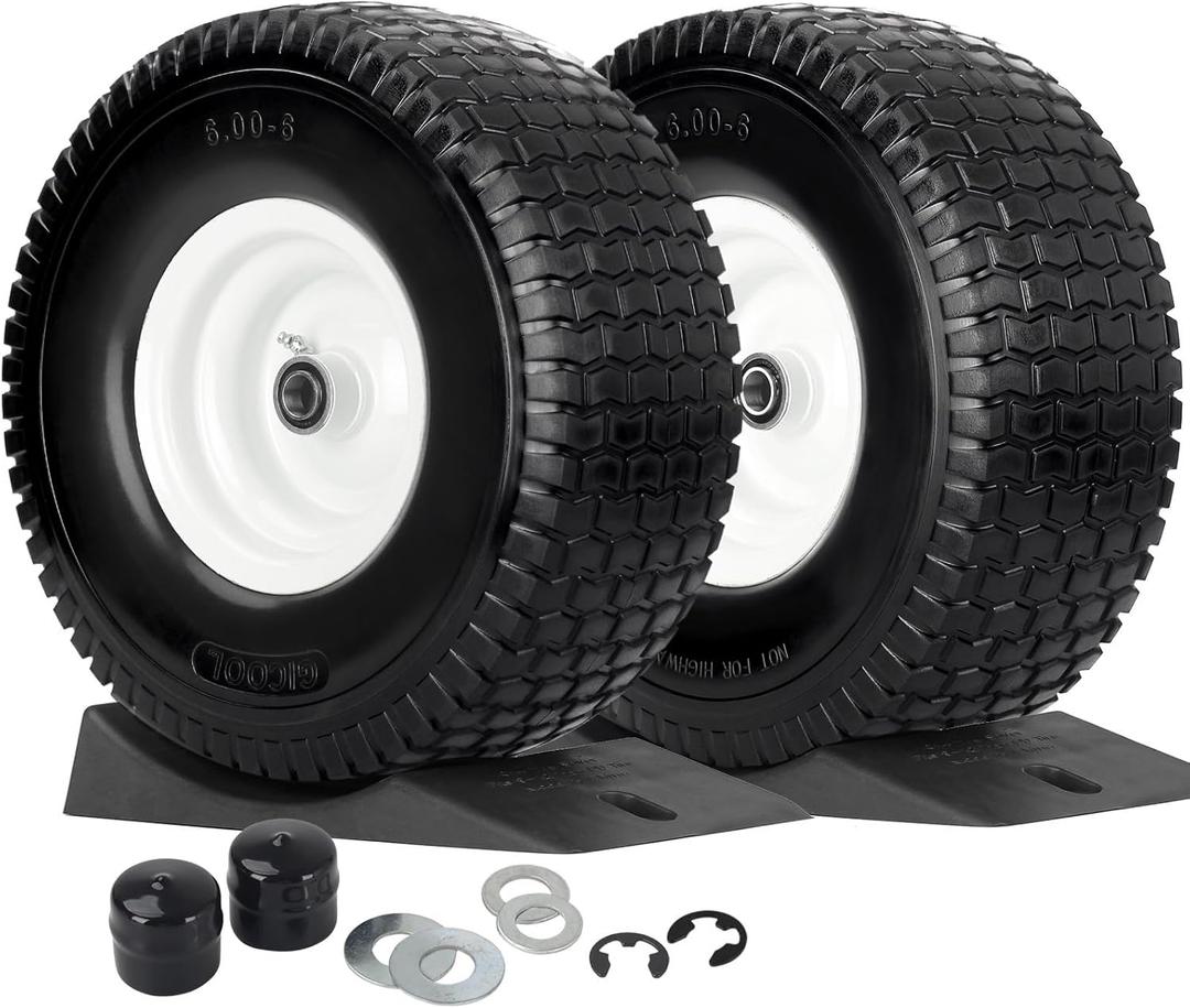 15x6.00-6 Flat Free Lawn Mower Tire and Wheel, Comes with Tire Saver Ramp, 15x6-6nhs Riding Mowers Lawn Tire and Wheel with 3/4" Bearing, 3" Centered Hub, 2 Pack
