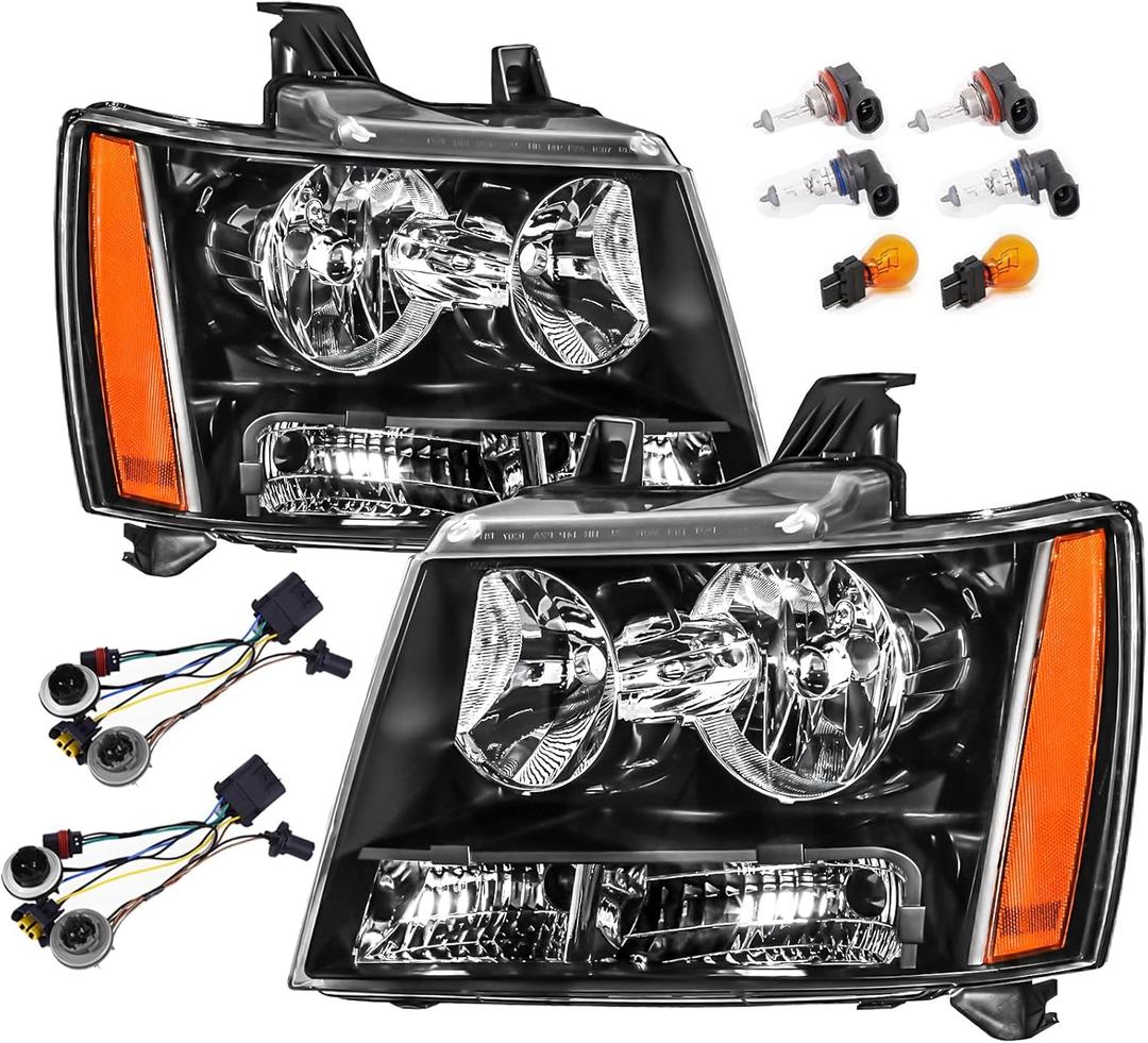 Headlights Assembly w/Bulbs & Wiring Harness compatible with 2007-2013 Chvey Tahoe Avalanche Suburban, Black Housing Amber