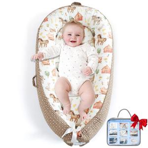 Baby Lounger for Newborn, Infant Lounger for Playtime, Detachable 0-18 Months Infant Nest, Portable Baby Floor Seats & Loungers, Tummy Time Pillow Travel Essentials Must Haves Newborn Gifts (Light Brown Farm Theme)