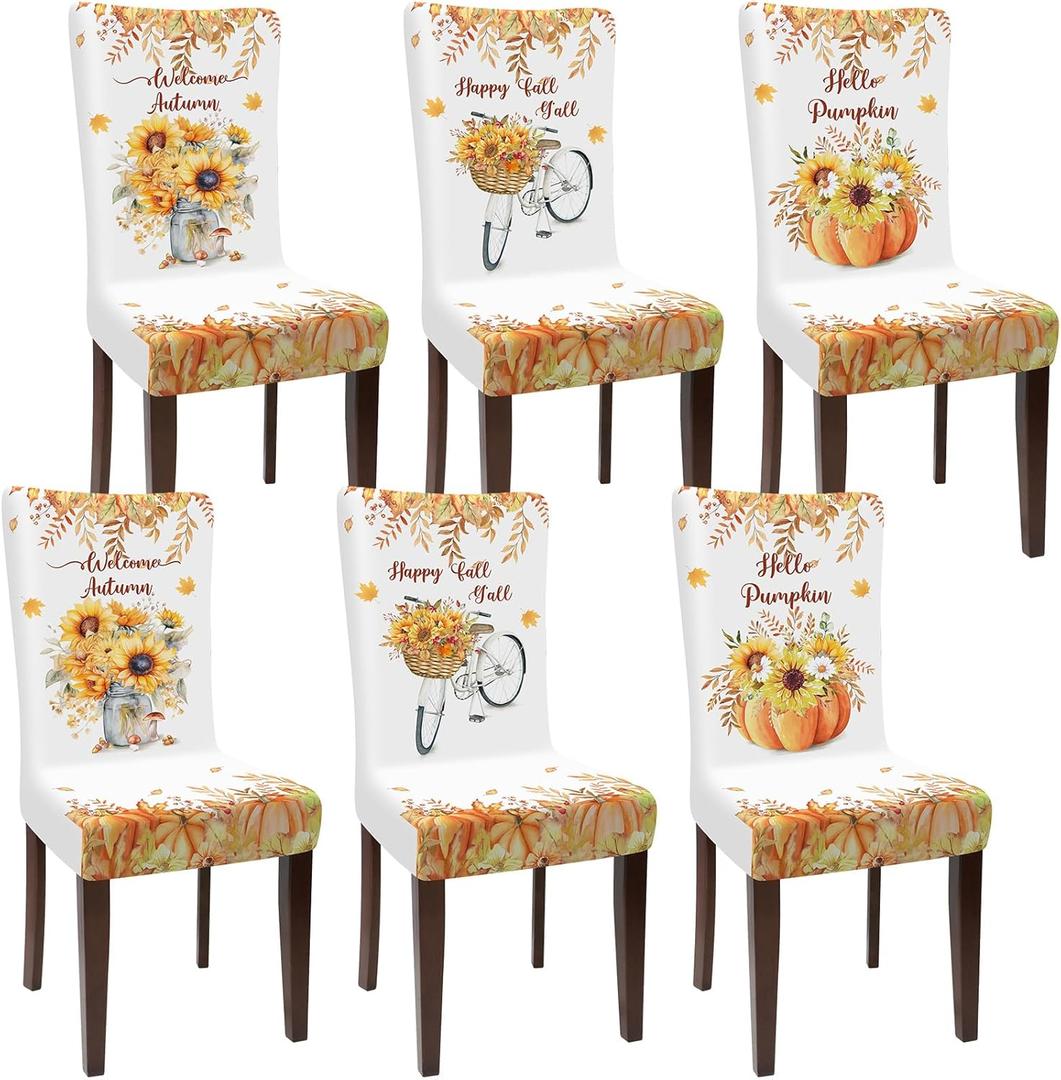 Preboun Fall Chair Covers Set of 6 Thanksgiving Dining Protector Stretch Removable Washable Autumn Pumpkin Sunflower Maple Leaves Slipcovers for Dining Hotel Party Wedding