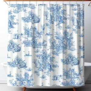 Vintage French Toile Shower Curtain Cotton 72x72 Inch Shower Curtain with 12 Metal Hooks Waterproof Home Bathroom Decor for Kitchen 18th Century Style Bath Accessories(Blue)