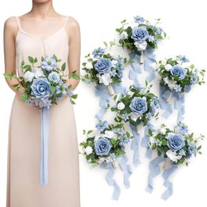 Ling's moment Artificial Bridesmaid Bouquets Set of 6,Dusty Blue Wedding Flower Bouquets Blue Rose Floral Bouquet Bridal Bouquets with Ribbon Ceremony Anniversary,7-inch Diameter