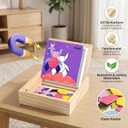 Magnetic Pattern Blocks Wooden Geometric Shape Puzzle Toy for Kids Toddlers Age 3-8 Montessori STEM Learning Educational Game 75Pcs Tangram with Storage Box Travel Gift Classroom Whiteboard