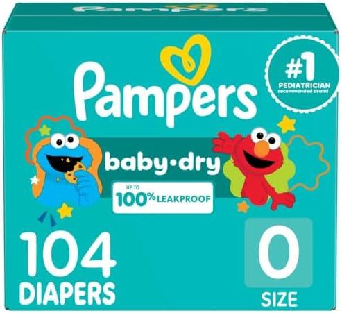 Pampers Diapers - Baby Dry - Size 0, 104 Count, Absorbent Disposable Newbort Diaper (Packaging May Vary)