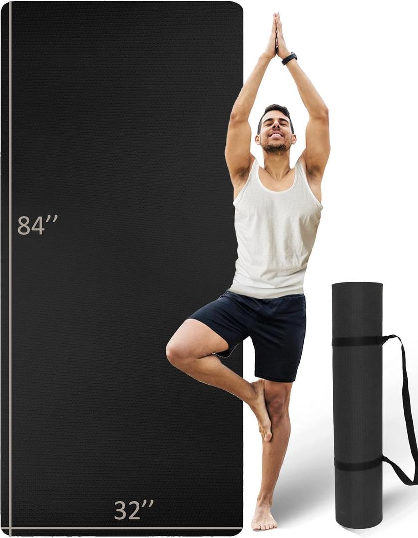 Extra Long & Wide Thick Yoga Mat for Tall Men & Women, 84'' x 32'' x 7mm Oversized Yoga Mat Double-Sided Non Slip, Pro TPE Yoga Mats with Strap (Black)