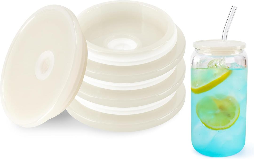 Joyclub 4 Pack Acrylic Lids for 16 oz Glass Cups with Bamboo Lids and Straws Reusable Iced Coffee Cup Beer Can Drinking Glasses for Smoothie Whiskey Boba Soda Tea Gift (Cream White)