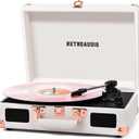 Vinyl Record Player with Built-in Speakers 3-Speed Vintage Record Player Bluetooth Portable Suitcase Turntable Belt-Driven LP Player Support RCA Output and Headphone Output (White Rose Gold)