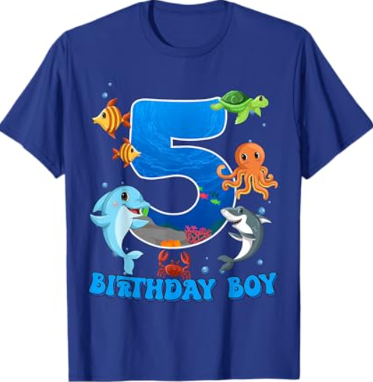 Kids 5th Birthday Boy Shark Ocean Theme Party 5 Years Old For Boy T-Shirt (Blue, Small)