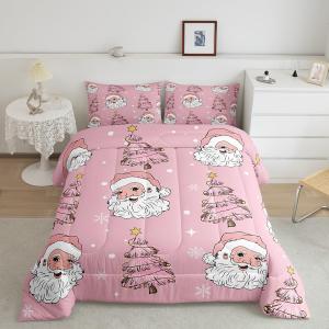 Castle Fairy Santa Claus Comforter Set,Pink Christmas Tree Bedding Set for Kids Girls Women,Adults Xmas Theme Comforter,Snowflake Quilted Duvet Set Bedroom Collection Twin Size 2Pcs