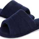 shevalues Terry Cloth Open Toe Slippers for Women Memory Foam Slip On House Slippers, Navy, 7.5-8.5 Women/6-7 Men